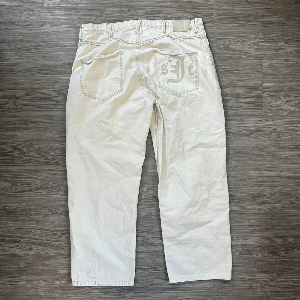 Sean John Mens White Baggy Distressed Denim Jeans Size 40 Embroidered Logo Y2K